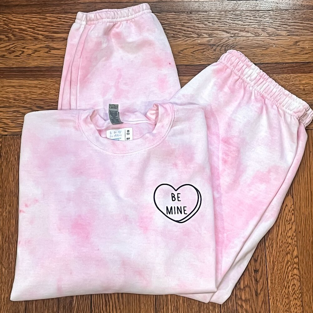 Adult Large 'Be Mine' Pink Tie-Dye Sweetheart Sweatshirt & Sweatpants Set